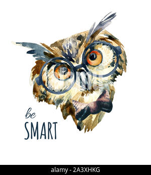 Aquarell hipster Eule in Gläser. Waldohreule Kopf. Aquarell niedliche Eule auf weißem Hintergrund. Weiser Vogel gekleidet im Retro-Look gestaltete Gläser. Uhr Stockfoto