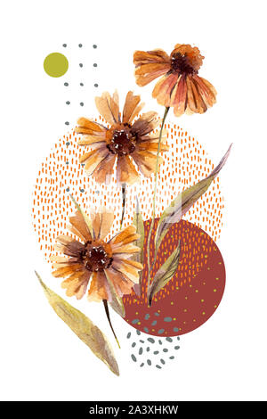 Abstrakte floralen und geometrischen Hintergrund. Aquarell Blumen, Blätter, Kreis, quadratische Formen, minimale doodle Texturen. Von Hand bemalt Herbst Abbildung Stockfoto