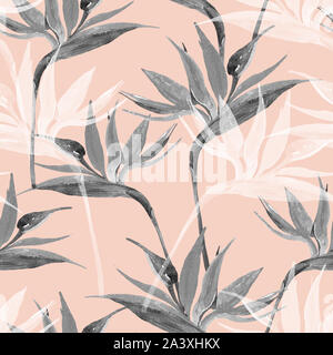 Ungewöhnliche Aquarell tropischen nahtlose Muster mit Bird-of-paradise flower. Exotische Blumen in monochromen Farben, transparent auf pastellfarbenen Hintergrund. Kunst Stockfoto