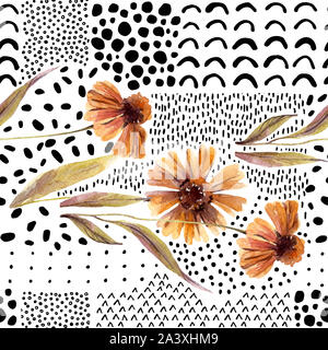 Herbst aquarell Blumen auf Doodle Hintergrund. Hand gezeichnet Dahlia Blumen, mit scribble Texturen für den Herbst Design. Aquarell art Illustration Stockfoto