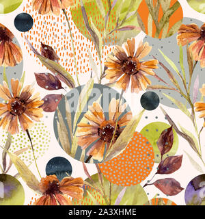 Abstrakte floralen und geometrischen nahtlose Muster. Aquarell Blumen und Blätter, Kreis formen mit Aquarell gefüllt, minimale doodle Texturen auf hinterg Stockfoto