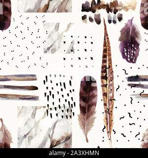 Abstrakte Aquarell Hintergrund: Pinselstrich, Doodle, Marmorierung, Grunge, Papier Textur. Wasser Farbe Marmor Malerei, Vogel Feder, Tinte scribble seamle Stockfoto