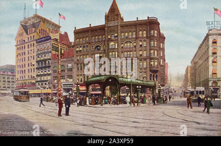 Pioneer Square, Seattle, Washington, alte Postkarte. Stockfoto