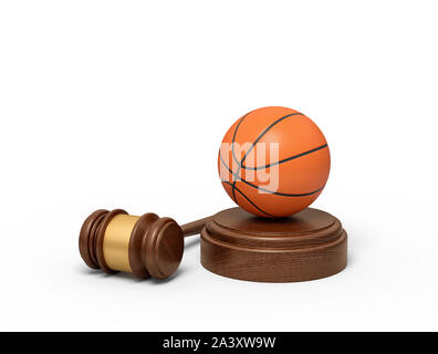 3D-Rendering von Basketball auf klingende Block mit Richter Hammer neben liegen. Stockfoto