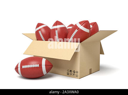 3D-Rendering von Kugeln für American Football im Inneren im Karton. Stockfoto