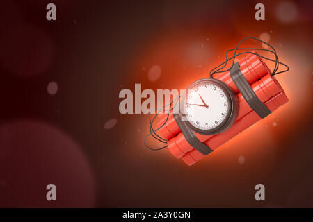 3D-Rendering von Dynamit Bundle mit Zeitbombe auf rotem Farbverlauf bokeh Hintergrund mit kopieren. Stockfoto