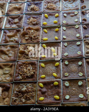 Chon Buri, Thailand - März 16, 2019: Nahaufnahme von metallgitter Trennung braune Kuchen mit Extras wie Nüsse und Früchte auf Markt von S eingerichtet Stockfoto