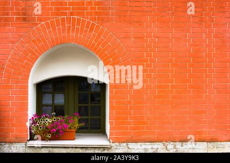 Kleine alte Vintage arcked Fenster des Erdgeschosses mit Blumen auf rote Ziegel Wand dekoriert. Reisen Russland, Sankt Petersburg. Stockfoto