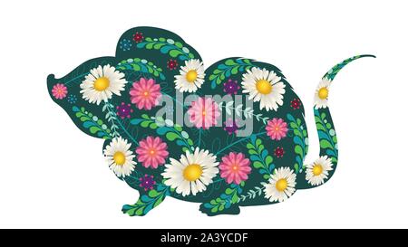 Cute cartoon Maus oder Ratte Silhouette mit bunten Blumen und Blätter. Stock Vektor
