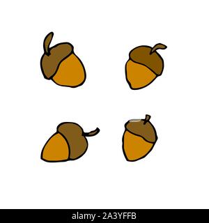 Satz von Eicheln. Hand Zeichnung Skizze. Bunte Umrisse auf weißem Hintergrund. Bild kann in Werbung, Plakate, Flyer, Banner, Logo verwendet werden, die weitere Gestaltung etc. Vector Illustration. EPS 10. Stock Vektor