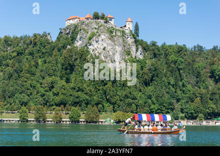 Traditionelle hölzerne Pletna und die Burg von Bled, Bled, Bled, Obere Kraina, Slowenien Stockfoto