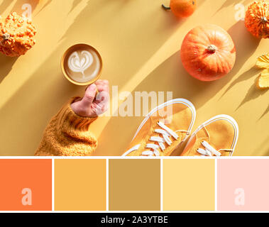 Farbanpassung Herbst Farbpalette von Gelb Papier flach legen mit Hand mit Tasse pumpkin Spice Kaffee Latte, orange Kürbisse, Schuhe und Dekorationen mit Stockfoto