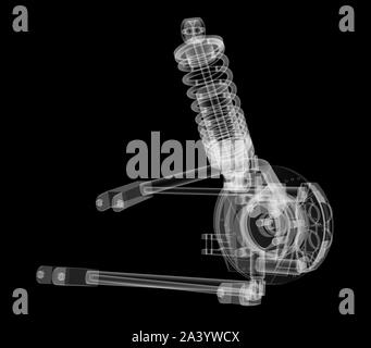 X-ray Auto Suspension und Bremsscheibe auf schwarzen Hintergrund, 3D-Darstellung Stockfoto