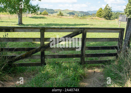 Traditionelle hölzerne Pfosten und Schiene Zaun auf die ländlichen Farm in Neuseeland Stockfoto