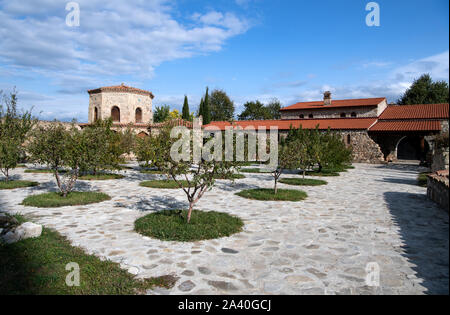 Alawerdi, Georgia. 08 Okt, 2019. Olivenbäume stehen auf dem Hof des Alawerdi Kloster in der Region Kachetien. Das Kloster wurde im 4. Jahrhundert von Susanne von Alawerdi gegründet. Im 11. Jahrhundert einen neuen, größeren Kirche des Klosters wurde von Kwirike III. (König von kacheti). Dieses Gebäude ist immer noch die wichtigste Kirche des Klosters und Alawerdi Alawerdi ist wie die Kathedrale bekannt. Quelle: Bernd von Jutrczenka/dpa/Alamy leben Nachrichten Stockfoto