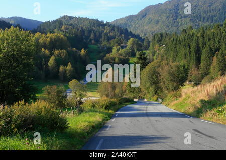 Eine geteerte Landstraße verläuft durch die ländliche Landschaft auf der Insel Osterøy im Kreis Vestland, Norwegen. Stockfoto