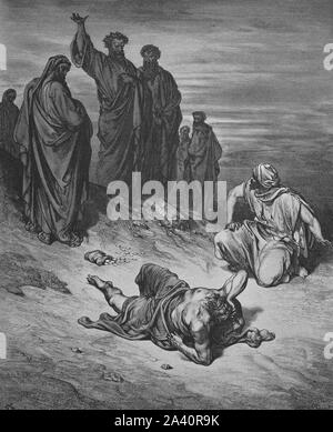 Handeln der Apostel. 5:5. Tod des Hananias. Gravur. Bibel Illustrationen von Gustave Dore. 19. Stockfoto