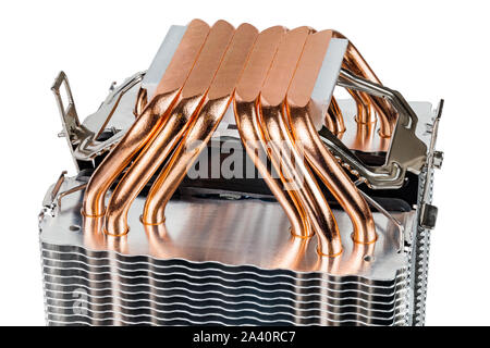 Moderner Turm Wärmestrahler mit sechs Kupfer-heatpipes schließen Makro Hintergrund. Kontaktfläche von Mühle gemacht Stockfoto