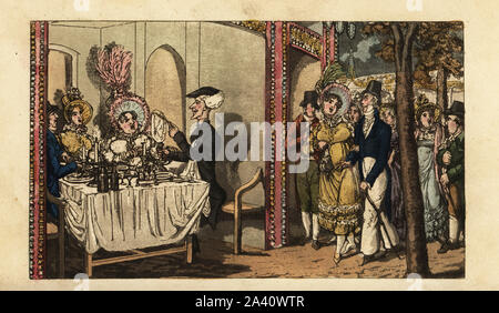 Georgische Gentleman und seine Frau in einen Stand auf der beliebten Lustgärten, 1820. Arzt Syntax bei Vauxhall Gardens. Papierkörbe Kupferstich nach einer Illustration von Isaac Robert Cruikshank von der Tour der Doctor Syntax durch London, in den Freuden und Leiden der Metropole, J. Johnson, London, 1820. Stockfoto