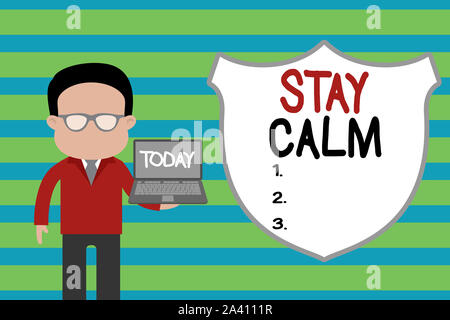 Konzeptionelle Hand schreiben, bleiben Sie ruhig. Konzept Bedeutung erhalten, in einem Zustand der Bewegung problemlos - auch unter Druck Mann in Anzug tragen Brillen h Stockfoto