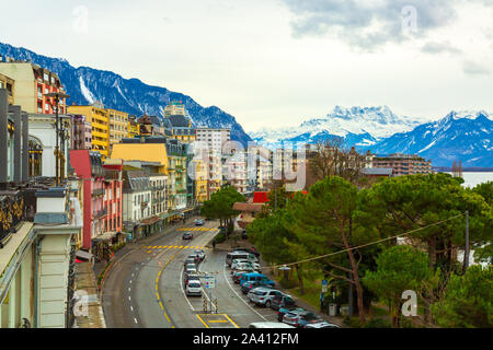 Stadt Montreux panorama Winter, Schweiz Stockfoto