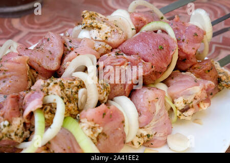 Rohes Schweinefleisch mit Zwiebeln und Gewürze zum Kochen Kebabs auf Spieße auf dem Grill. Mariniertes Fleisch liegt auf einer Platte. Stockfoto