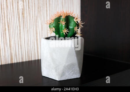 Künstliche Topfpflanze, Kaktus. Kleiner grüner Kaktus in einem Topf auf einem Regal. Indoor Blumen für die Inneneinrichtung. Stockfoto