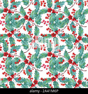 Muster der Weihnachten Zweige der Mistel auf weißem Hintergrund. Winterurlaub Thema. Geeignet für Postkarten, Poster, Webseiten und Textilien. Stockfoto