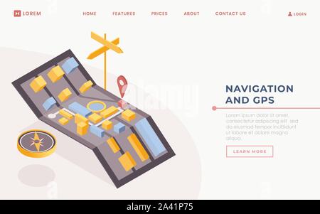 GPS-Anwendung landing page Vektor Vorlage. Smart Navigationssystem homepage Schnittstelle Idee mit isometrischer Darstellung. Moderne Technologie positionieren Web Banner 3D Cartoon Konzept Stock Vektor