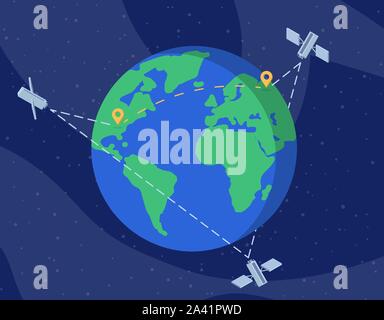 Global flachbild Vector Illustration. Internationale Kommunikation Technologie, drahtlose Informationsübertragung cartoon Konzept. Telekommunikationsausrüstung, Raumsonden und Positionsmarkierungen Stock Vektor