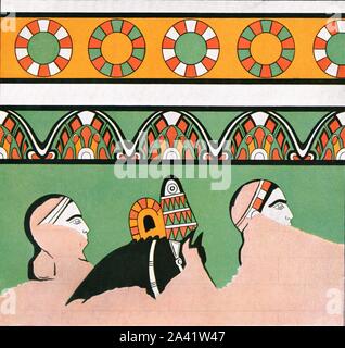 Wandmalerei aus dem Palast von Dur-Sharrukin, Assyrien, (1928). "Im letzten Viertel des 8. Jh. v. Chr... Wandmalerei aus dem Palast von dur-sharrukin (Schloss von Sargon), das der Assyrische König Sargon II. (722-706 v. Chr.) in der Nähe von Ninive gebaut, innerhalb von sechs Jahren, in der Nähe der heutigen Chorsabad', [Khorsabad, Irak]. Nach Victor. Platte XV, Abb. 43, von "Eine Enzyklopädie der Farbe Dekoration von den frühesten Zeiten bis zur Mitte des 19.Jahrhunderts" mit erläuternden Text von Helmuth Bossert. [Ernst Wasmuth Ltd., Berlin, 1928] Stockfoto