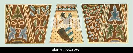 Wandmalereien in der Kirche des Hl. Gieri, Rhazuns, Graubünden, Schweiz, (1928). 'Ende des 14. Anfang des 15. Jahrhunderts ... die Arme gehören zu Teil der Verzierung auf der Kanzel Treppen. Sie sind es, der Freiherren von Rhazuns'. Nach R. Borrmann. Platte LXXIII, Feigen, 154-156 von "Eine Enzyklopädie der Farbe Dekoration von den frühesten Zeiten bis zur Mitte des 19.Jahrhunderts" mit erläuternden Text von Helmuth Bossert. [Ernst Wasmuth Ltd., Berlin, 1928] Stockfoto