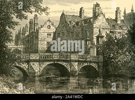 "Brücke, St. John's College", 1898. Küche Brücke, St John's College (1709-11) an der Cambridge Universität ist die älteste von Cambridge restlichen Brücken, von Robert Grumbold (1639-1720) nach Plänen von Sir Christopher Wren erbaut und gestaltete aus einem Block von Kalkstein, geschnitzte das Aussehen von Mauerwerk aus "unser Land zu geben, Band II". [Cassell und Company, Limited, London, Paris & Amp; Melbourne, 1898] Stockfoto