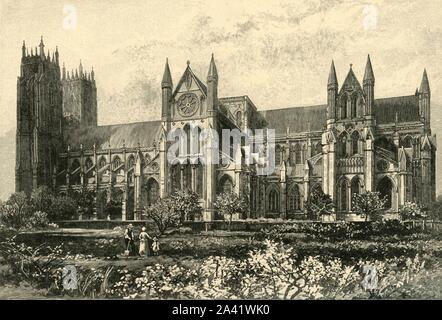 "Beverley Minster', 1898. Denkmalgeschützte Beverley Minster, zwei große Senkrecht Türme c1400 mit Restaurierungsarbeiten während des frühen 18. Jahrhunderts hinzugefügt unter Nicholas Hawksmoor. Von "unserem eigenen Land, Band III". [Cassell und Company, Limited, London, Paris & Amp; Melbourne, 1898] Stockfoto