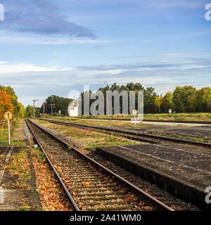 Blick auf leere Eisenbahnschienen in den frühen Morgenstunden. Stockfoto