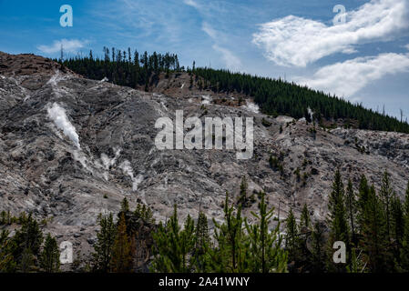 Dampfende Fumarolen am prasselnden Berge in Yellowstone Stockfoto