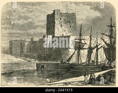 "Carrickfergus Castle', 1898. Carrickfergus Castle, eine Burg in Nordirland am Ufer des Belfast Lough an der irischen See ist eine wichtige militärische Rolle bis 1928 und bleibt einer der besten mittelalterlichen Strukturen in Nordirland erhalten gespielt. Von "unserem eigenen Land, Band V". [Cassell und Company, Limited, London, Paris & Amp; Melbourne, 1898] Stockfoto