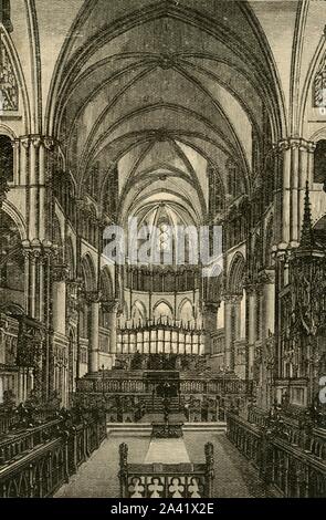 "Die Kathedrale von Canterbury - Der Chor', 1898. anterbury Kathedrale wurde und weitgehend im gotischen Stil nach einem Brand im Jahr 1174 mit Erweiterungen den Fluß der Pilger besuchen den Schrein des Thomas Becket Platz umgebaut. Von "unserem eigenen Land, Band VI". [Cassell und Company, Limited, London, Paris & Amp; Melbourne, 1898] Stockfoto