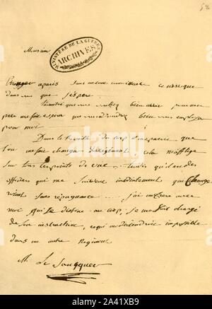 Brief von Napoleon bis Le Saucquer, Krieg Sekretärin, 3. Juni 1791, (1921). "Lettre de Bonaparte&#xe0; Le Saucquer, Premier Commis de la Guerre, 3 juin 1791'. Napoleon Bonaparte (1769-1821) schrieb diesen Brief von Dijon in Frankreich. Faksimile Dokument von "Napoleon" von Raymond Guyot. [H. Mehlig, Paris, 1921] Stockfoto