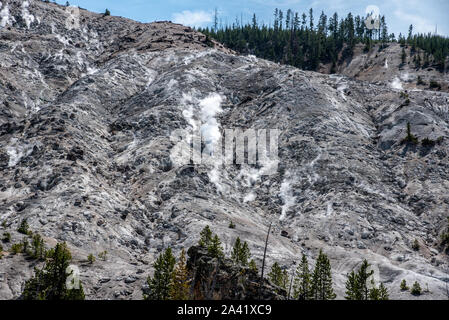 Dampfende Fumarolen am prasselnden Berge in Yellowstone Stockfoto