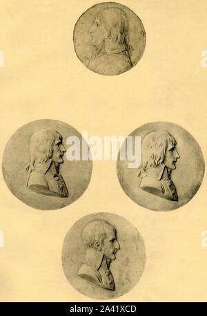 Medaillon Portraits von Napoleon, 1797-1799, (1921). Binédaillons de Bonaparte". Top: Zeichnung in crayon von André Dutertre, geschrieben auf der Rückseite: "J'ai Dessiné, moi Dutertre, d'aprés Natur, le général en chef sur le vaissau "l'Orient", dans la Traversée de l'expéA usgabe d'Egypte, de 7 de la République". (Napoleon Bonaparte (1769-1821) vom Leben an Bord der "L'Orient" während der Ägyptischen Kampagne im Jahr 1799 erstellt; links: gipsform einer Medaille von Louis-Simon Boizot; Rechts: eine andere Version von Boizot; unten: Bonaparte als Ersten Konsul, 1799, auch durch Boizot. Stockfoto