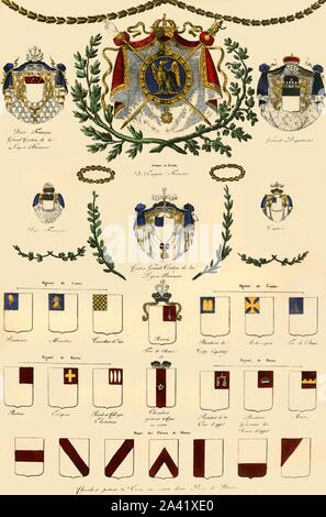 Arme des französischen Empire und der kaiserlichen Adels, 1806, (1921). "Armes de l'Empire fran &#xe7; ais et de la Noblesse imp&#xe9;riale'. Tabelle mit den Wappen der Französischen Fürsten, Herzöge, Grafen und Barone, Minister, Senatoren, Ratsherren, Präsident der gesetzgebenden Körperschaft, Erzbischöfe, Präsidenten von Hochschulen, Bürgermeister, und Mitglieder (chevaliers) der Ehrenlegion. Von "Napoleon" von Raymond Guyot, [H. Mehlig, Paris, 1921] Stockfoto