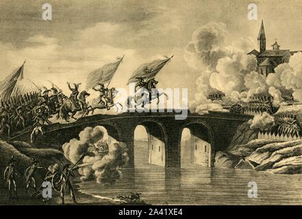 Generäle Bonaparte und Augereau Sturm die Brücke bei Arcola, November 1796, (1921). "Passage du Pont d'Arcole par les G&#xe9;n&#xe9; raux Bonaparte et Augereau'. Napoleon Bonaparte (1769-1821) und Pierre Augereau (1757-1816) die französische Armee gegen die Österreicher bei Arcole in der Nähe von Verona in Italien führen. Gravur nach Thomas-Charles Naudet. Von "Napoleon" von Raymond Guyot. [H. Mehlig, Paris, 1921] Stockfoto