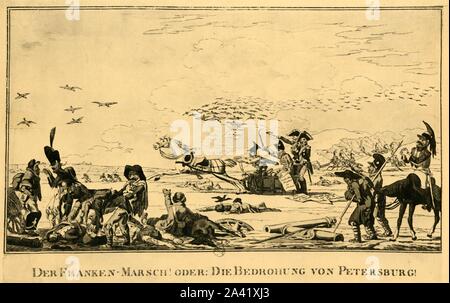 'Der Flanken-Marsch! Oder: Die Bedrohung von Petersburg!", 1813, (1921). "La Marche de flanc, ou la Menace contre P&#xe9;tersbourg'. Satirische Darstellung von Napoleons Armee aus Russland zurückziehenden 1812: Napoleon sitzt in einem Schlitten, treibend das Pferd, als seine Männer Zusammenbruch um ihn herum. Der russische Winter nahm seine Abgabe auf der französischen Armee. Mangel an Gras- und Futtermittel geschwächt, die übrigen Pferde, fast alle davon starben oder wurden für Lebensmittel durch hungernde Soldaten getötet. Ohne Pferde, die französische Kavallerie aufgehört zu existieren; Kavalleristen waren zu Fuß bis März. Von "Napoleon" von Raymond Guyo Stockfoto