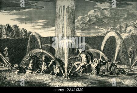 Die Apollo Brunnen in den Gärten von Versailles, Frankreich, 1683, (1903). 'La Fontaine d'Apolllon, Versailles". Die Apollo Brunnen, die von Charles Le Brun entworfen und zwischen 1668 und 1671 gebaut, zeigt die griechischen Sonnengott Apollo aus dem Meer in vier - Pferd wagen. Nach einem Stich von Louis de Chatillon. Von "La Revue De L'Art Ancien et Moderne"-Band XIV, Juli-Dezember 1903 [Paris, 1903] Stockfoto