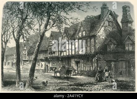 "Häuser unter der Burg, Warwick', c 1870. Das große Feuer von Warwick 1694 zerstört viel von der mittelalterlichen Stadt, einige mittelalterliche Fachwerkhäuser überleben. Von "Malerische Europa - die Britischen Inseln, Vol. I". [Cassell, Petter &Amp; Galpin, London, c 1870] Stockfoto