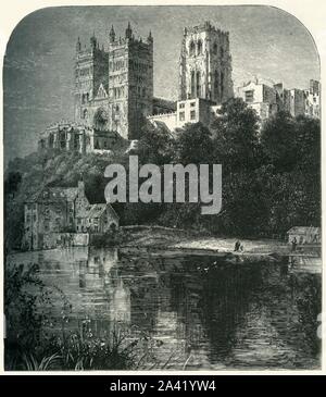 'Durham Kathedrale, vom Fluss', c 1870. 11. Jahrhundert normannische Kathedrale in Durham auf dem Fluss tragen, ein von der UNESCO zum Weltkulturerbe. Von "Malerische Europa - die Britischen Inseln, Vol. II". [Cassell, Petter &Amp; Galpin, London, c 1870] Stockfoto