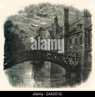 "Brücke an der Queen's College', c 1870. Mathematische Brücke am River Cam am Queen's College in Cambridge, entworfen von William Etheridge, und von James Essex im Jahr 1749 gebaut, umgebaut im Jahr 1866 und im Jahr 1905, der mit dem gleichen Design. Von "Malerische Europa - die Britischen Inseln, Vol. II". [Cassell, Petter &Amp; Galpin, London, c 1870] Stockfoto