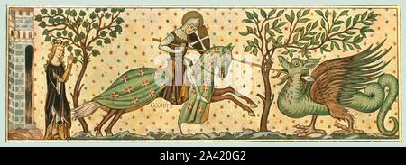 Wandmalerei in der Kirche des Hl. Gieri, Rhazuns, Graubünden, Schweiz, (1928). 'Ende des 14. Anfang des 15. Jahrhunderts ... St. Georg tötet den Drachen, auf der N. Wand des Kirchenschiffs. Nach R. Borrmann. Platte LXXIII, Abb. 153, von "Eine Enzyklopädie der Farbe Dekoration von den frühesten Zeiten bis zur Mitte des 19.Jahrhunderts" mit erläuternden Text von Helmuth Bossert. [Ernst Wasmuth Ltd., Berlin, 1928] Stockfoto