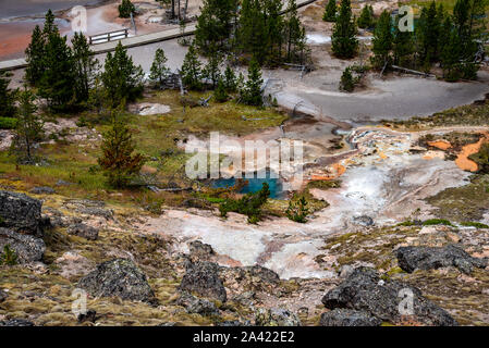 Blick auf die heissen Quellen und Geysire von Künstlern painpots Bereich in Yellowstone Stockfoto